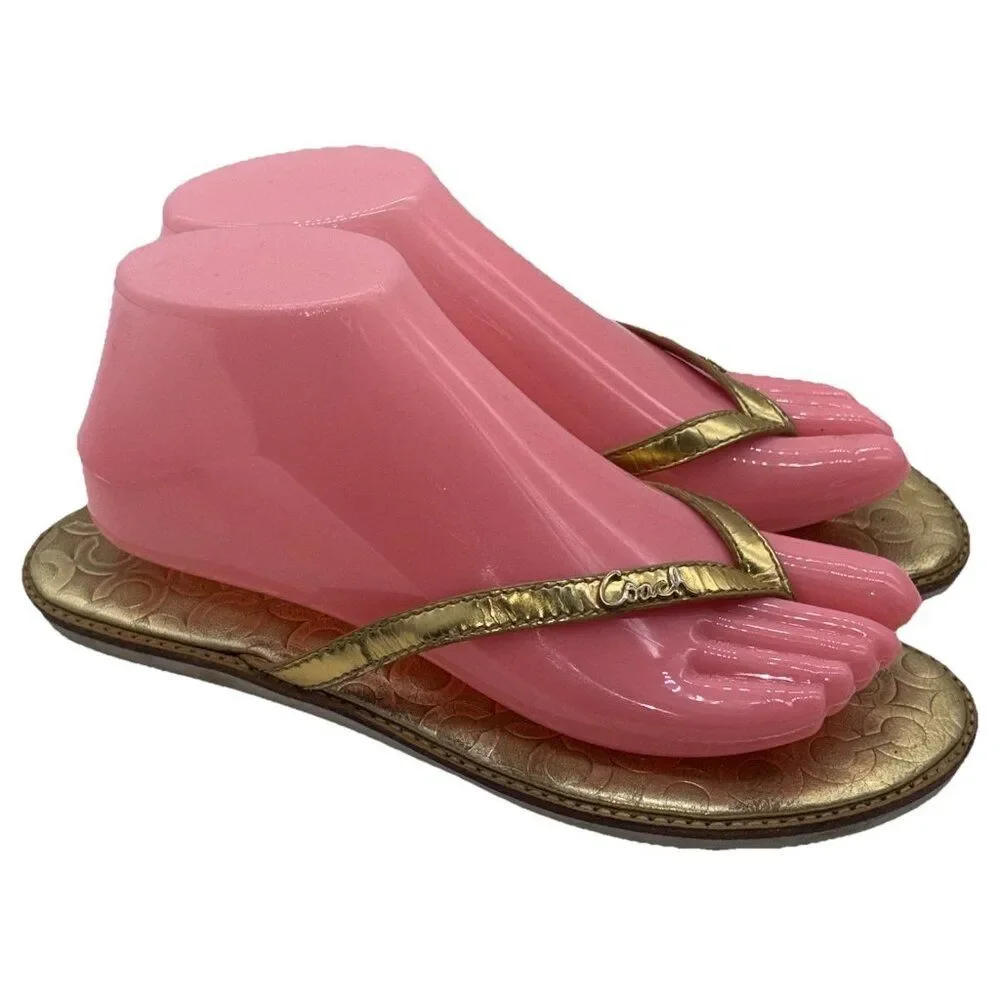 Coach Sandals Flip Flop Thong Women’s Size 8 B Gold Signature Monogram Print